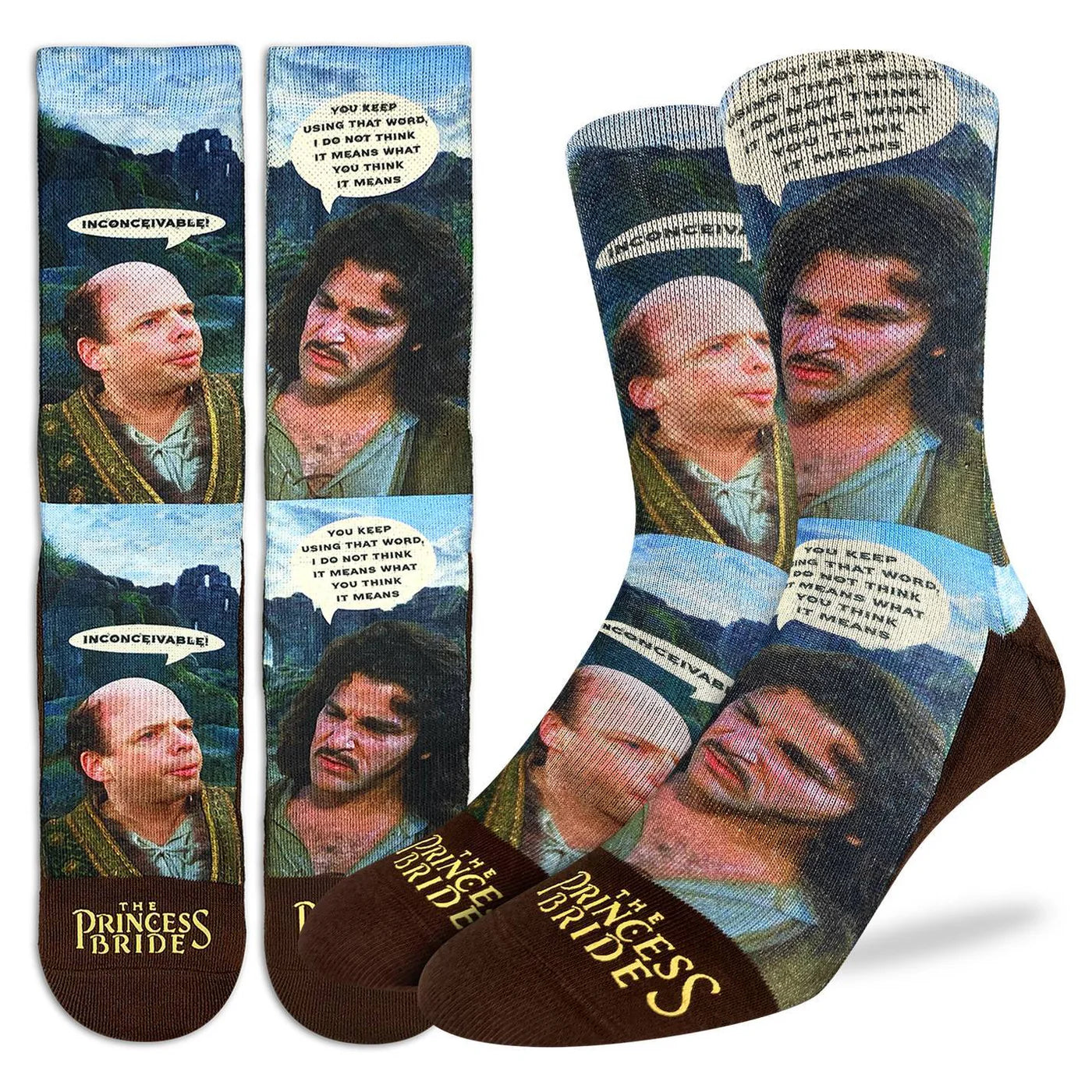 Princess Bride-themed socks with character images and text.