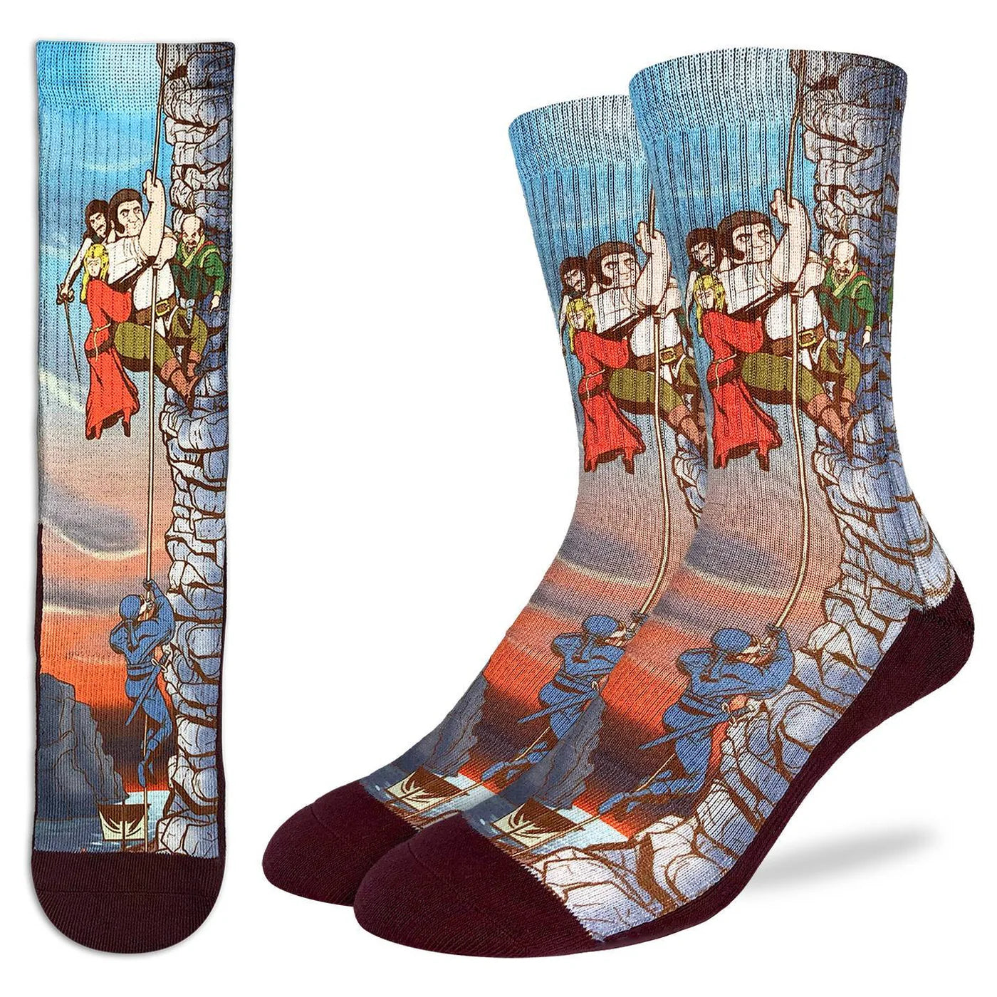 Socks with a design of people climbing a mountain, inspired by a famous painting.