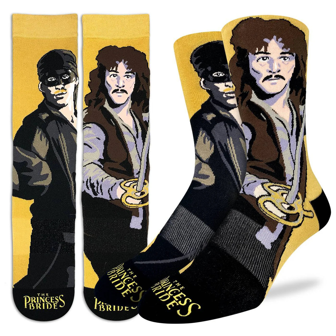 Socks with characters from 'The Princess Bride' on a yellow background
