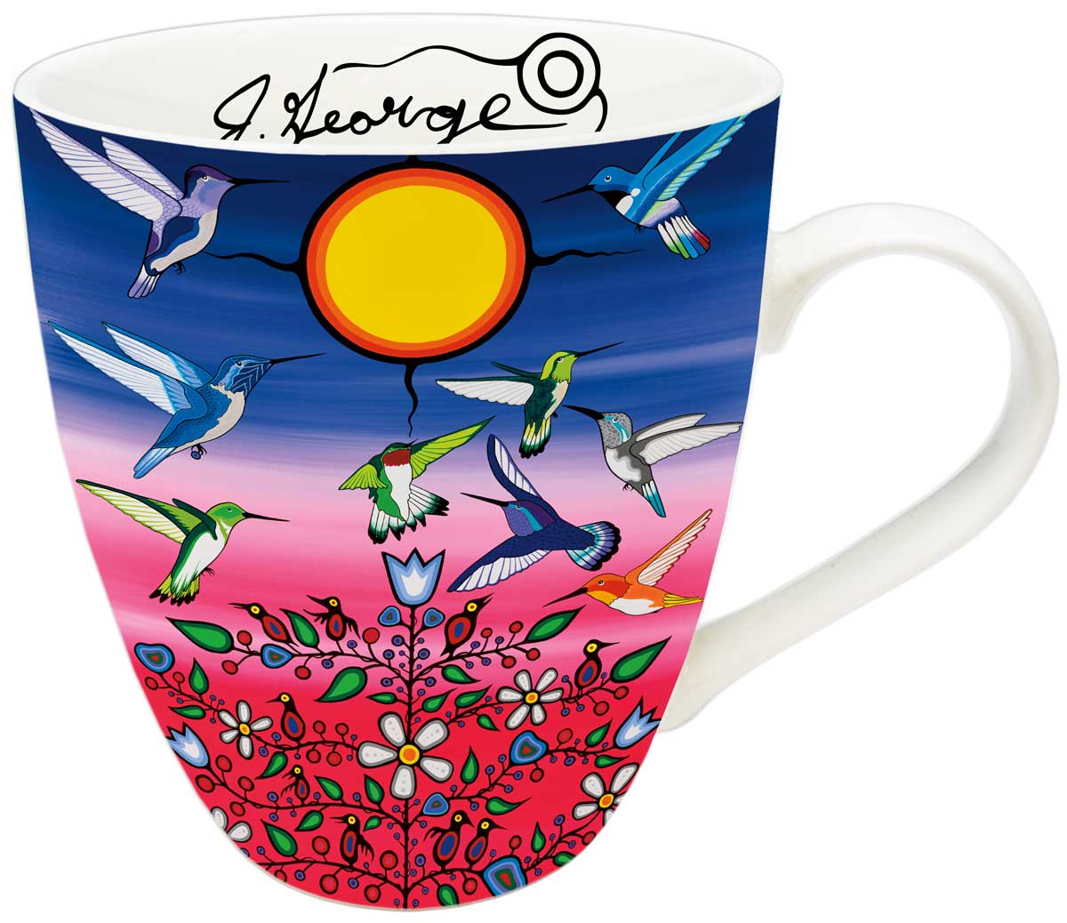 Colorful mug with hummingbirds and floral design.