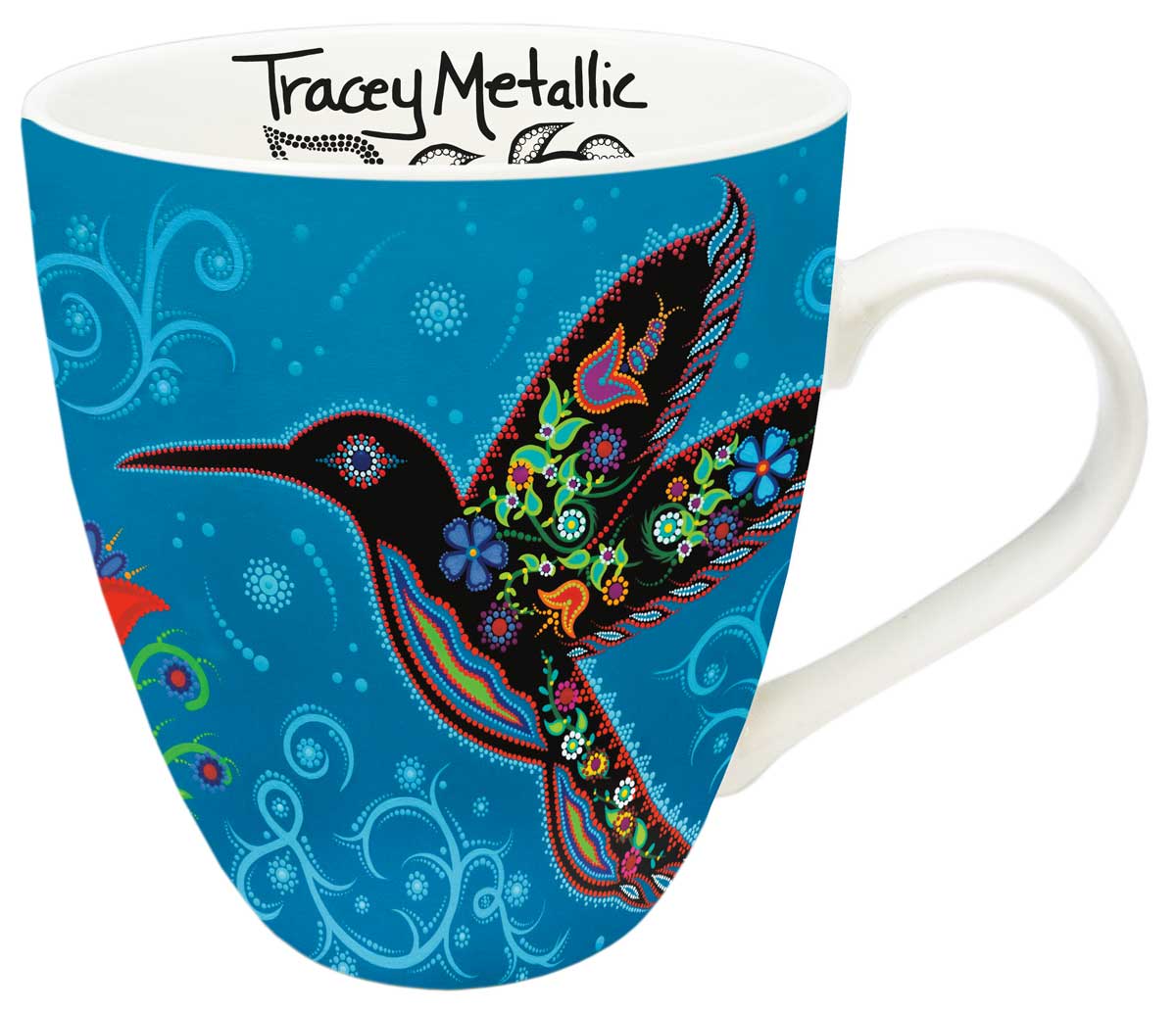 Mug with a colorful bird design on a blue background, featuring the brand 'Tracey Metallic'.