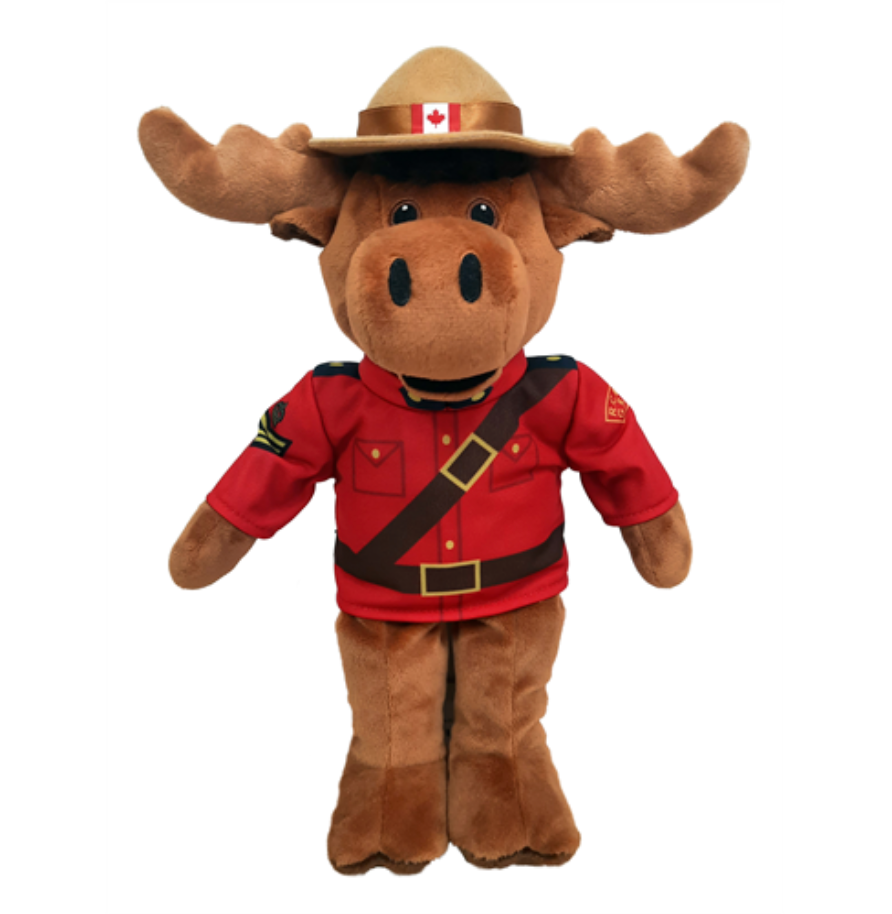 A plush toy moose dressed in a Canadian Mounted Police uniform, complete with a red jacket and hat featuring a maple leaf.