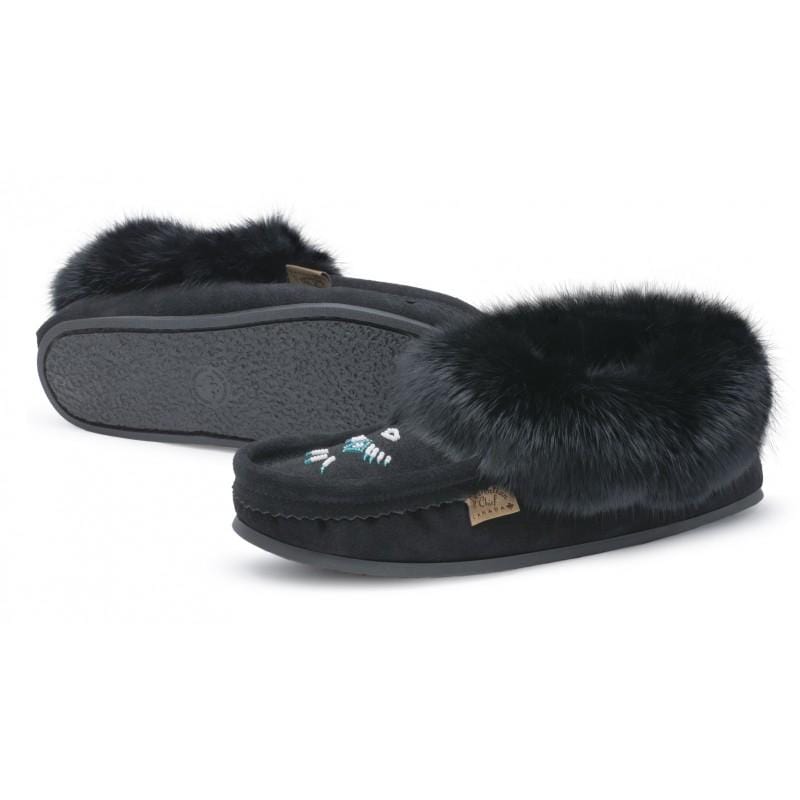 Black Fur Trim Moccasin with Crepex Sole
